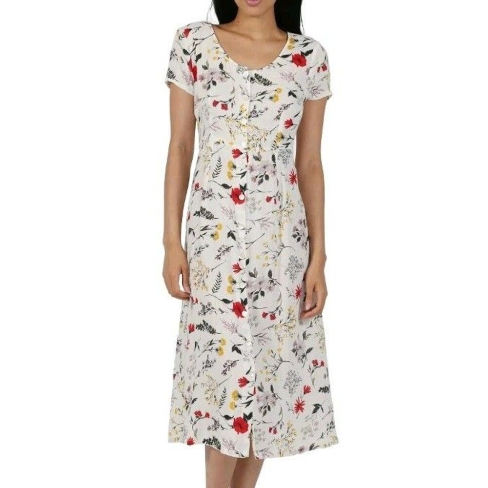 La Cera Button Front Short Sleeve Dress XL Pockets Back Tie Rayon Floral